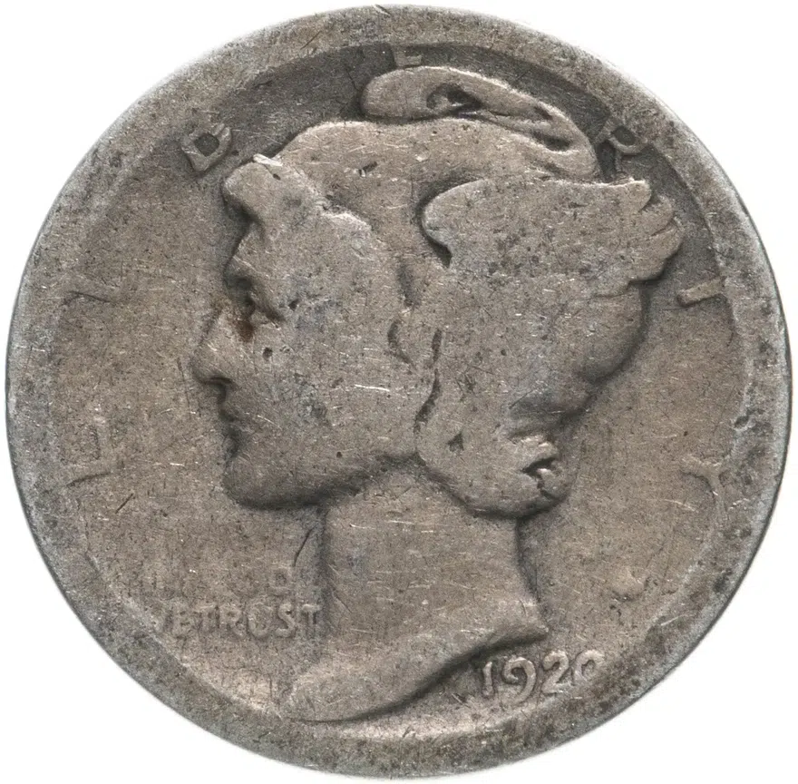 США 10 центов (дайм, one dime) 1920 S Mercury Dime знак монетного двора: "S" - Сан-Франциско