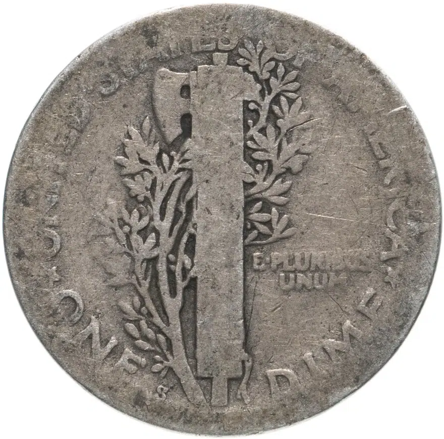 США 10 центов (дайм, one dime) 1920 S Mercury Dime знак монетного двора: "S" - Сан-Франциско, реверс
