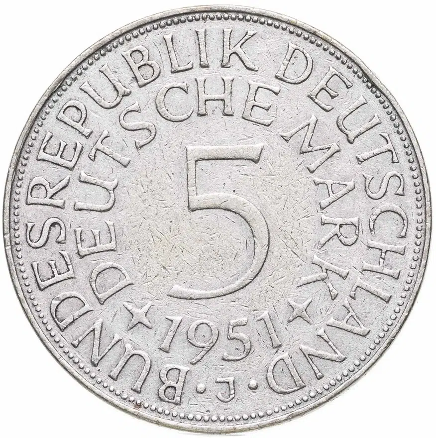 Германия 5 марок (deutsche mark) 1951 J  знак монетного двора: "J" - Гамбург