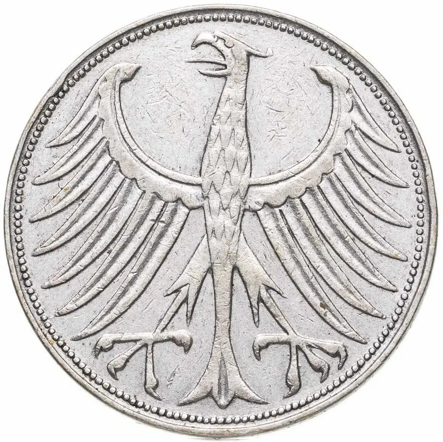 Германия 5 марок (deutsche mark) 1951 J  знак монетного двора: "J" - Гамбург, реверс