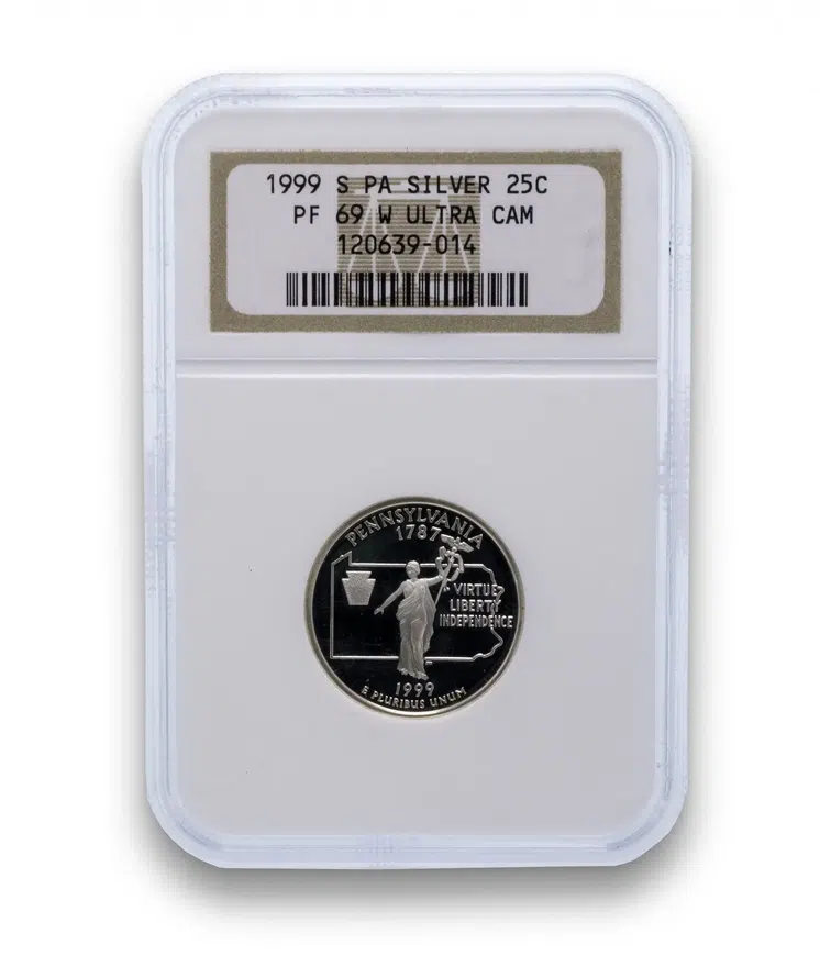 США 25 центов (квотер, 1/4 доллара, quarter dollar) 1999  Пенсильвания в слабе NGC PF69 UCAM