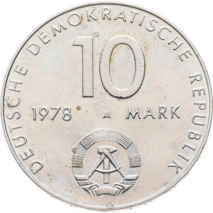 Германия (ГДР) 10 марок (mark) 1978  Совместный космический полёт СССР-ГДР, реверс