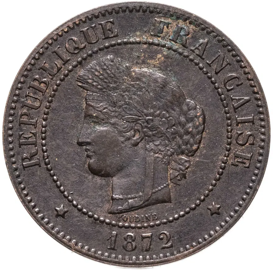 Франция 5 сантимов (centimes) 1872 A  знак монетного двора: "A" - Париж, аверс