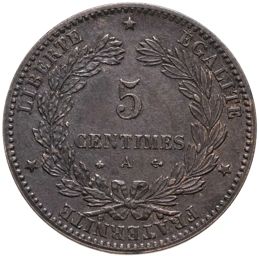 Франция 5 сантимов (centimes) 1872 A  знак монетного двора: "A" - Париж, реверс