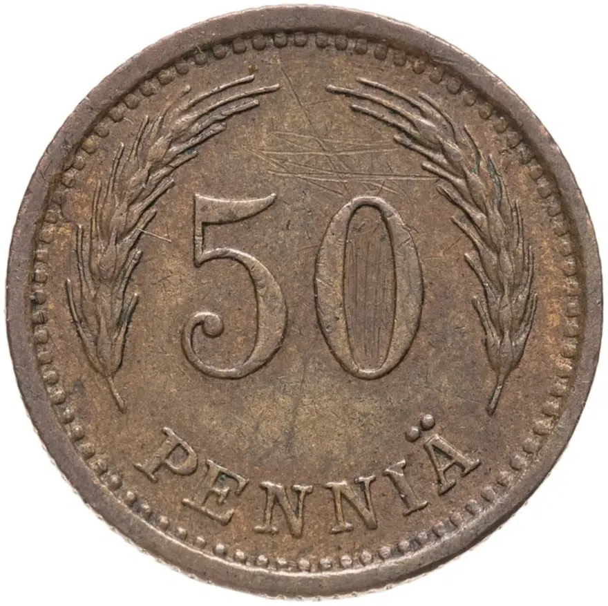 Финляндия 50 пенни (pennia) 1943  Медь /коричневый цвет/