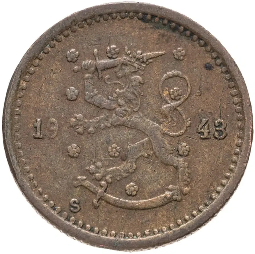 Финляндия 50 пенни (pennia) 1943  Медь /коричневый цвет/, реверс