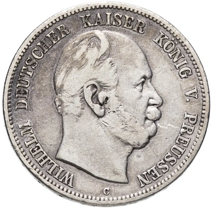 Германия (Империя) 5 марок (mark) 1876 C знак монетного двора: "C" - Клеве, реверс