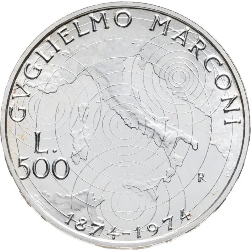 Италия 500 лир (lire) 1974  100 лет со дня рождения Гульельмо Маркони, реверс