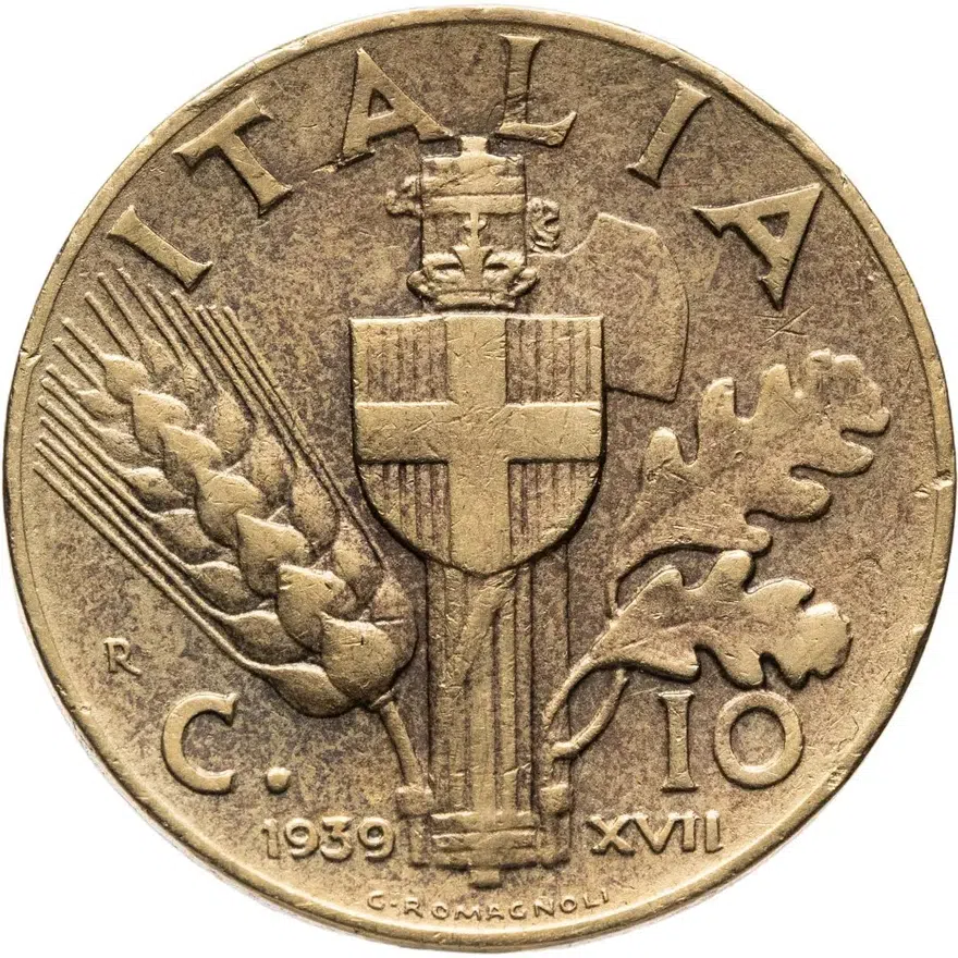 Италия 10 чентезимо (centesimi) 1939  Алюминиевая бронза /жёлтый цвет/, аверс