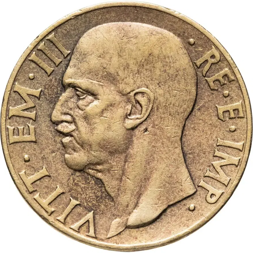 Италия 10 чентезимо (centesimi) 1939  Алюминиевая бронза /жёлтый цвет/, реверс