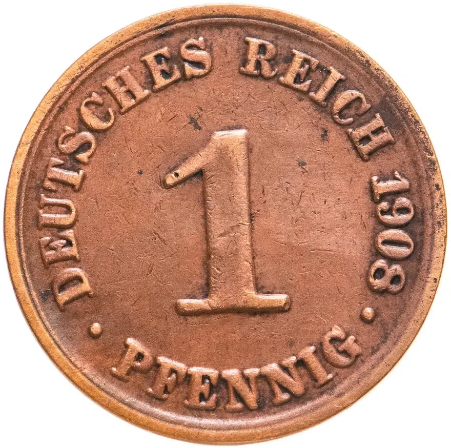 Германия 1 пфенниг (pfennig) 1908 A  знак монетного двора: "A" - Берлин