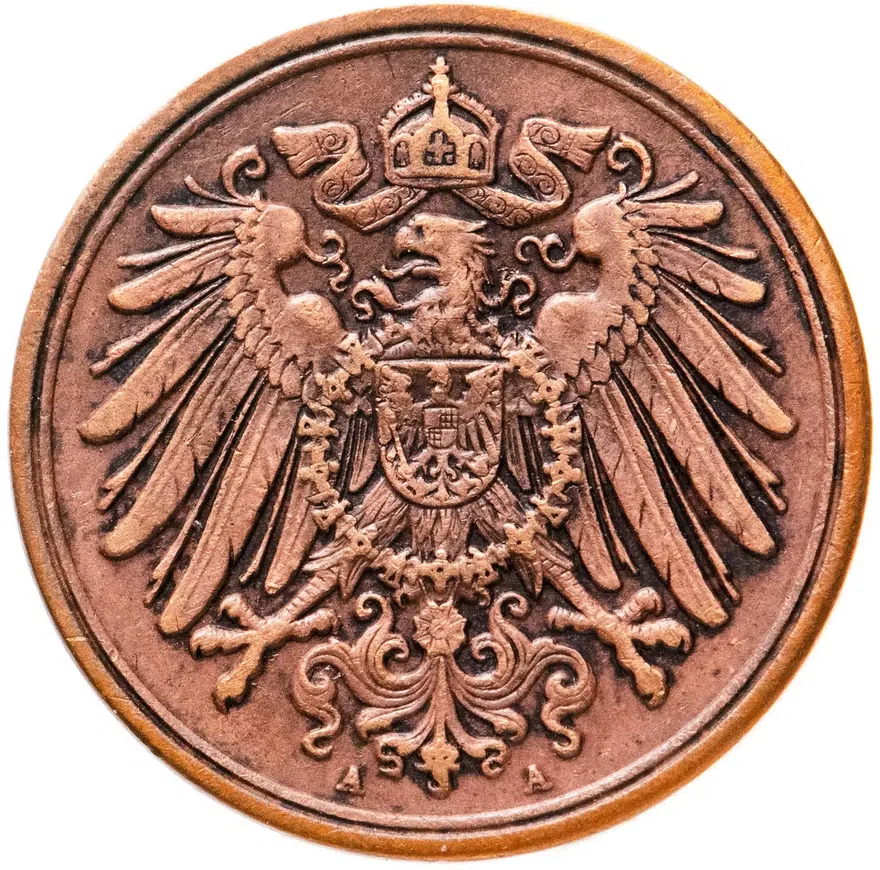 Германия 1 пфенниг (pfennig) 1908 A  знак монетного двора: "A" - Берлин, реверс