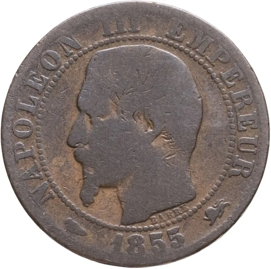 Франция 5 сантимов (centimes) 1855 D  знак монетного двора: "D" - Лион