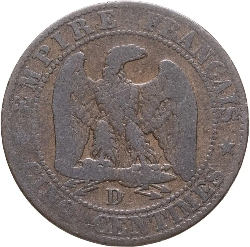 Франция 5 сантимов (centimes) 1855 D  знак монетного двора: "D" - Лион, реверс