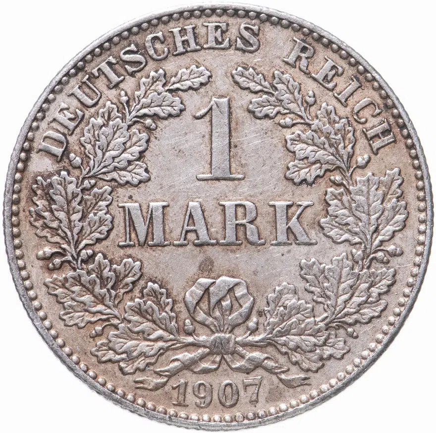 Германия 1 марка (mark) 1907 G  знак монетного двора: "G" - Карлсруэ, аверс