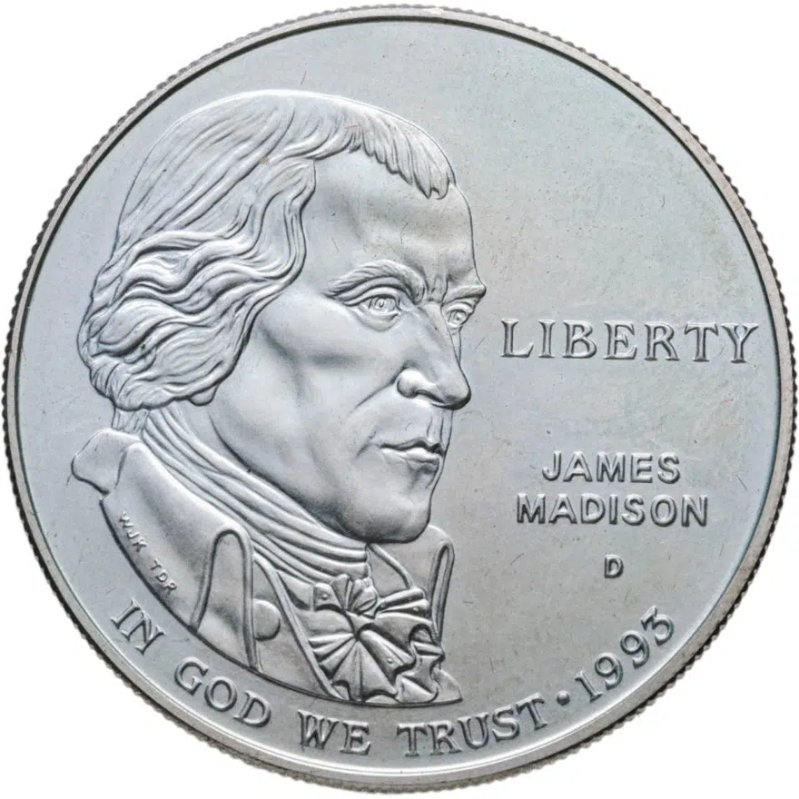 США 1 доллар (dollar) 1993 D  Билль о правах, Джеймс Мэдисон, аверс