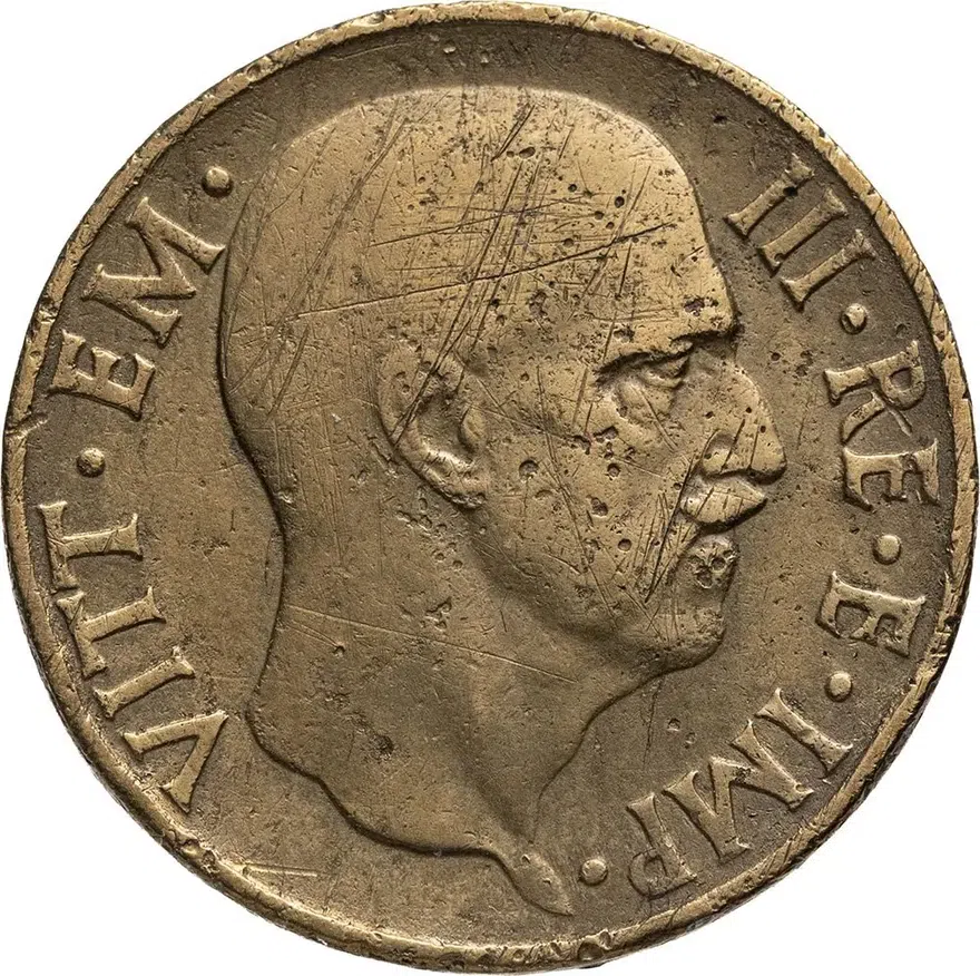 Италия 5 чентезимо (centesimi) 1939  Алюминиевая бронза /жёлтый цвет/, аверс