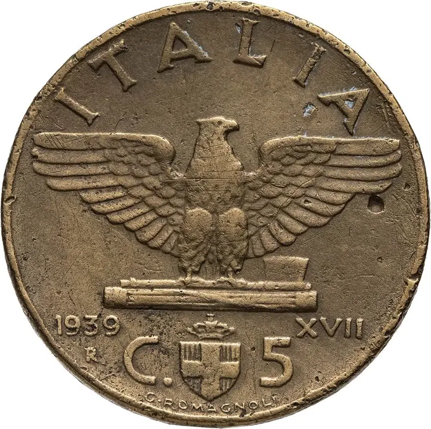 Италия 5 чентезимо (centesimi) 1939  Алюминиевая бронза /жёлтый цвет/, реверс