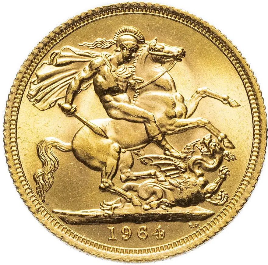 Великобритания, соверен (sovereign) 1964 Святой Георгий с драконом, реверс