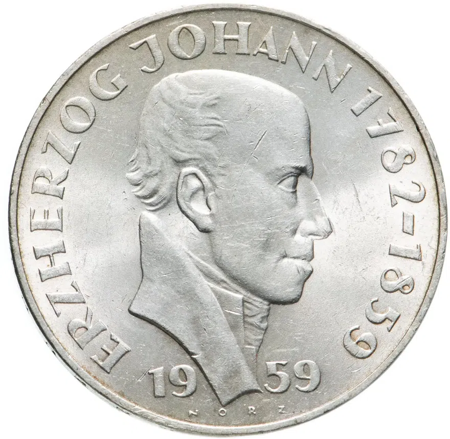 Австрия 25 шиллингов (shillings) 1959  100 лет со дня смерти Иоганна Баптиста Австрийского