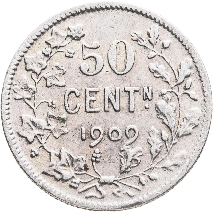 Бельгия 50 сантимов (centimes) 1909   Надпись на голландском - 'DER BELGEN', реверс