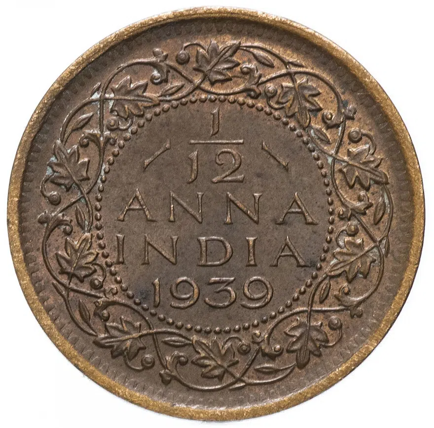 Индия (Британская) 1/12 анны (anna) 1939   Лилии на короне пересекают полудугу Без отметки монетного двора, аверс