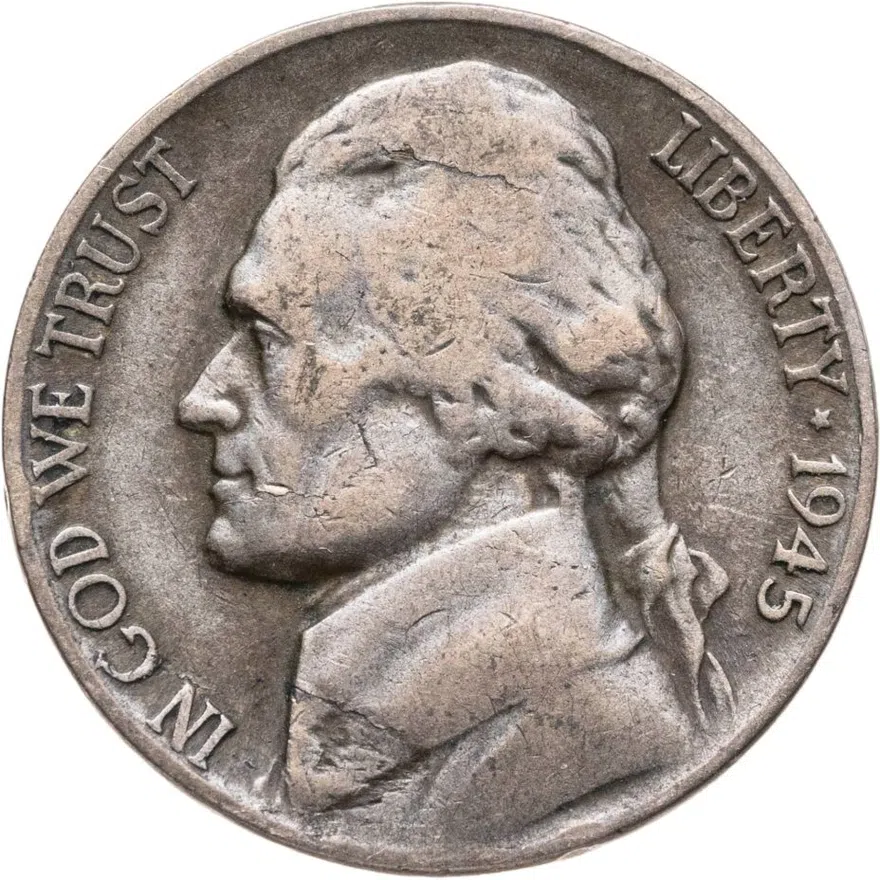 США 5 центов (cents) 1945 D Jefferson Nickel (Джефферсон) знак монетного двора "D" - Денвер, аверс