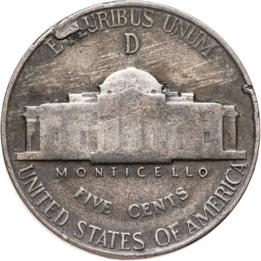 США 5 центов (cents) 1945 D Jefferson Nickel (Джефферсон) знак монетного двора "D" - Денвер, реверс