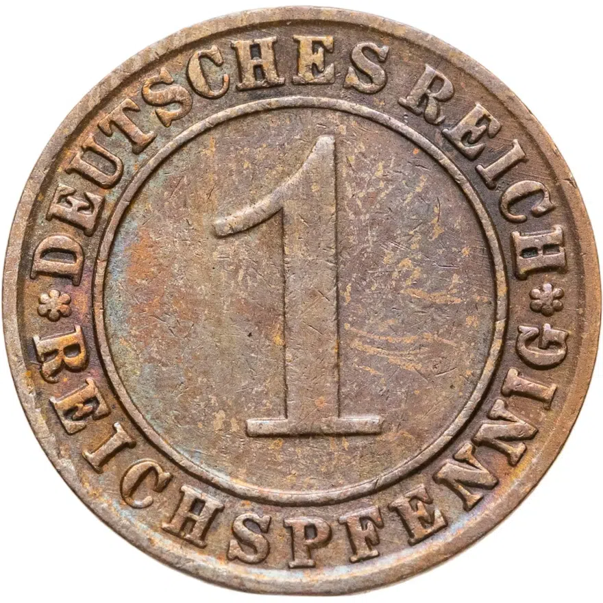 Германия 1 рейхспфенниг (reichspfennig) 1924 G  знак монетного двора "G" — Карлсруэ, аверс