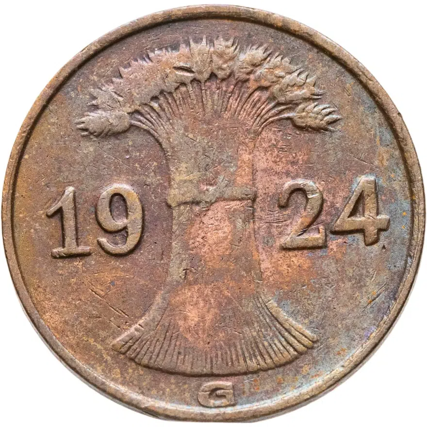 Германия 1 рейхспфенниг (reichspfennig) 1924 G  знак монетного двора "G" — Карлсруэ, реверс