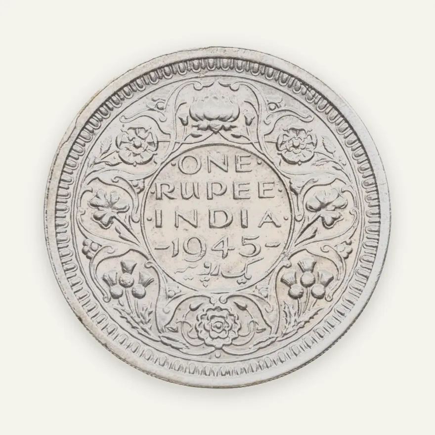 Индия (Британская) 1 рупия (rupee) 1945 ♦  знак монетного двора: "♦" - Бомбей