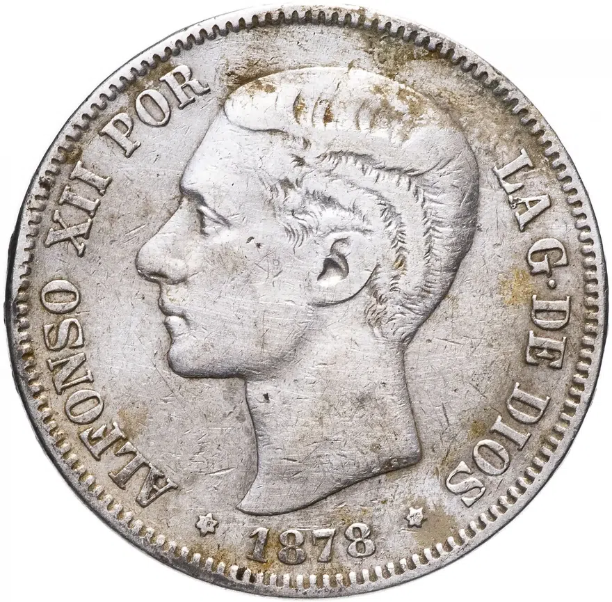 Испания 5 песет (pesetas) 1878 DE M знак монетного двора: "DE M" - E.Diaz, J.Escosura, реверс