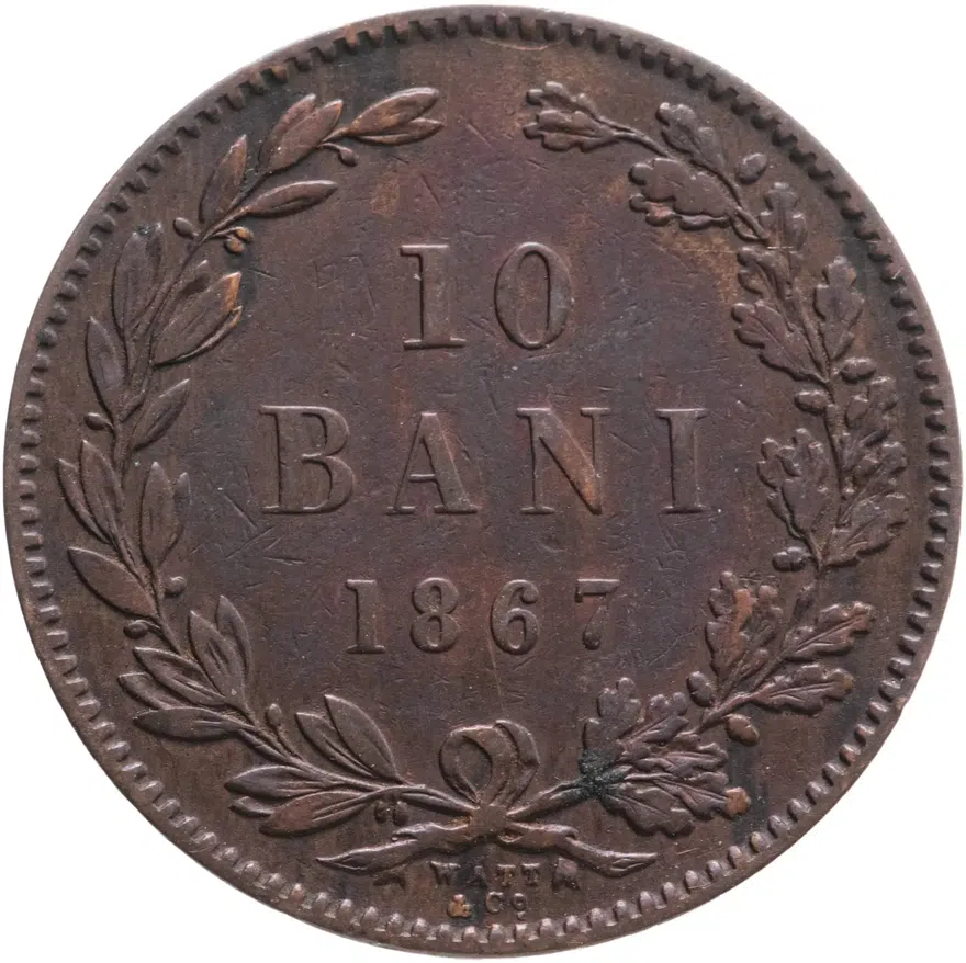 Румыния 10 банов (bani) 1867 WATT &  CO.  знак монетного двора: "WATT &  CO." - Бирмингем, аверс