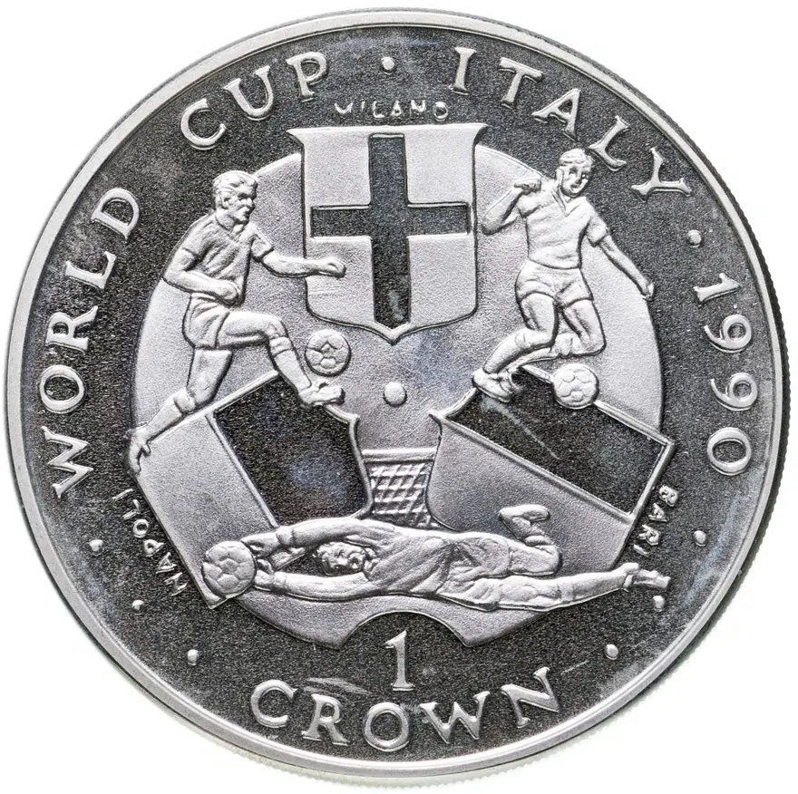 Остров Мэн 1 крона (crown) 1990 "Чемпионат мира по футболу, Италия 1990 - Болонья, Генуя, Кальяри", аверс