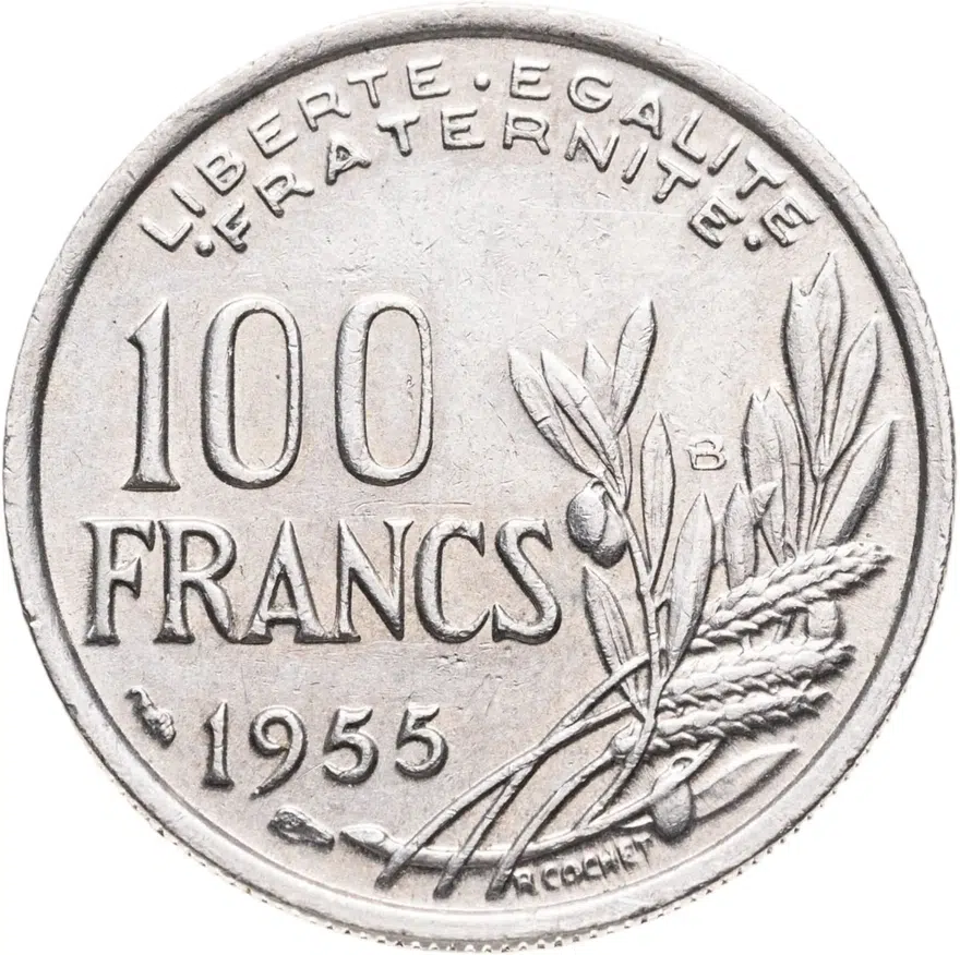 Франция 100 франков (francs) 1955 B  знак монетного двора: "B" - Бомон-ле-Роже, реверс