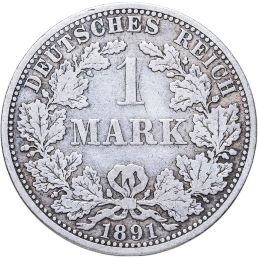 Германия 1 марка (mark) 1891 A  знак монетного двора: "A" - Берлин, аверс