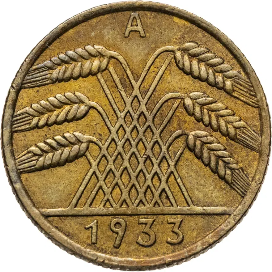 Германия 10 рейхспфеннигов (reichspfennig) 1933 A  знак монетного двора "A" — Берлин, аверс
