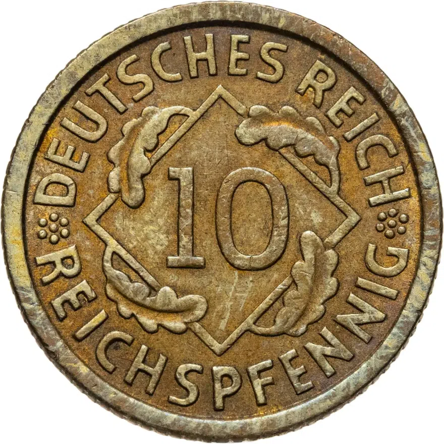 Германия 10 рейхспфеннигов (reichspfennig) 1933 A  знак монетного двора "A" — Берлин, реверс