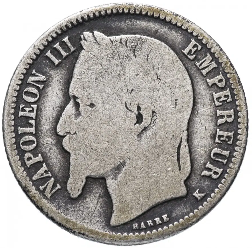 Франция 1 франк (franc) 1867 "K", реверс