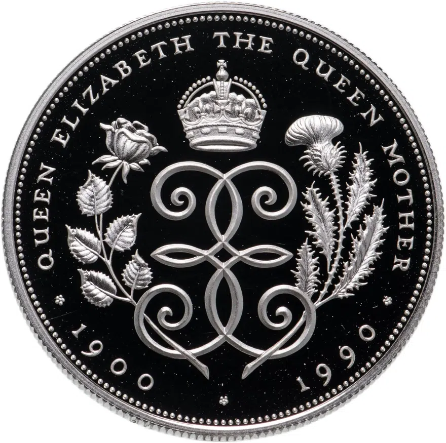 Великобритания 5 фунтов (pounds) 1990  90 лет со дня рождения Королевы - Матери