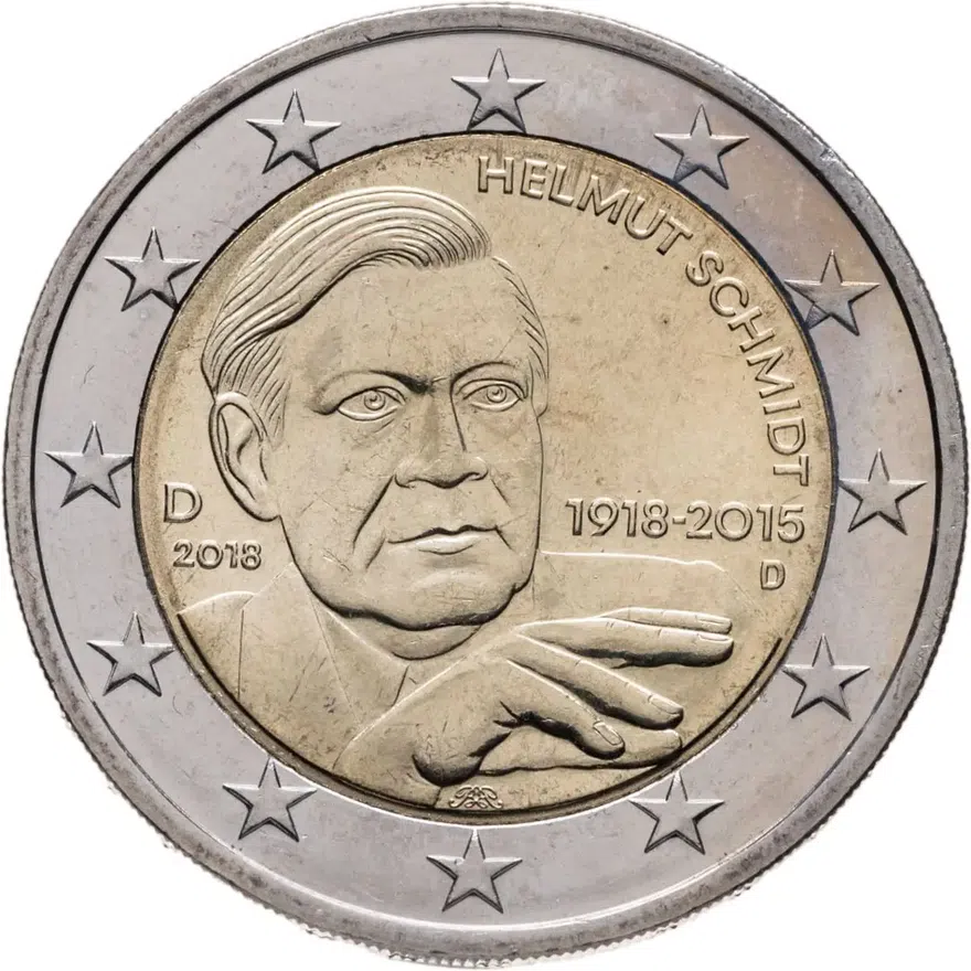 Германия 2 евро (euro) 2018 "D" - Мюнхен 100 лет со дня рождения Гельмута Шмидта, аверс