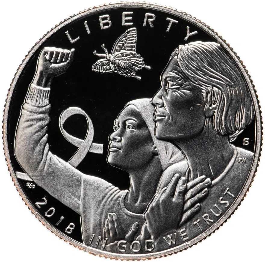 США 50 центов (1/2 доллара, half dollar) 2018 S осведомленность о раке молочной железы знак монетного двора: "S" - Сан-Франциско, аверс