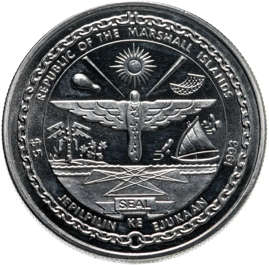 Маршалловы Острова 5 долларов (dollars) 1993  Элвис Пресли, реверс