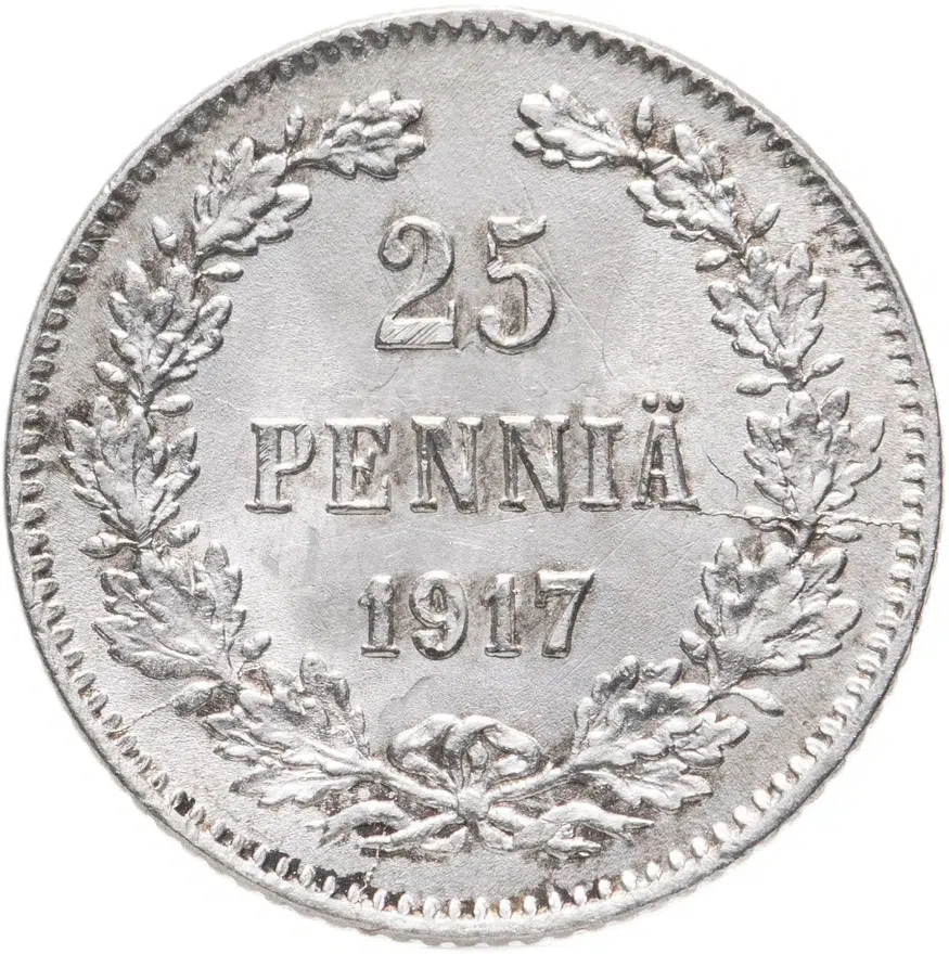 25 пенни (pennia) 1917 S  гербовый орёл с коронами, Российская Финляндия, аверс