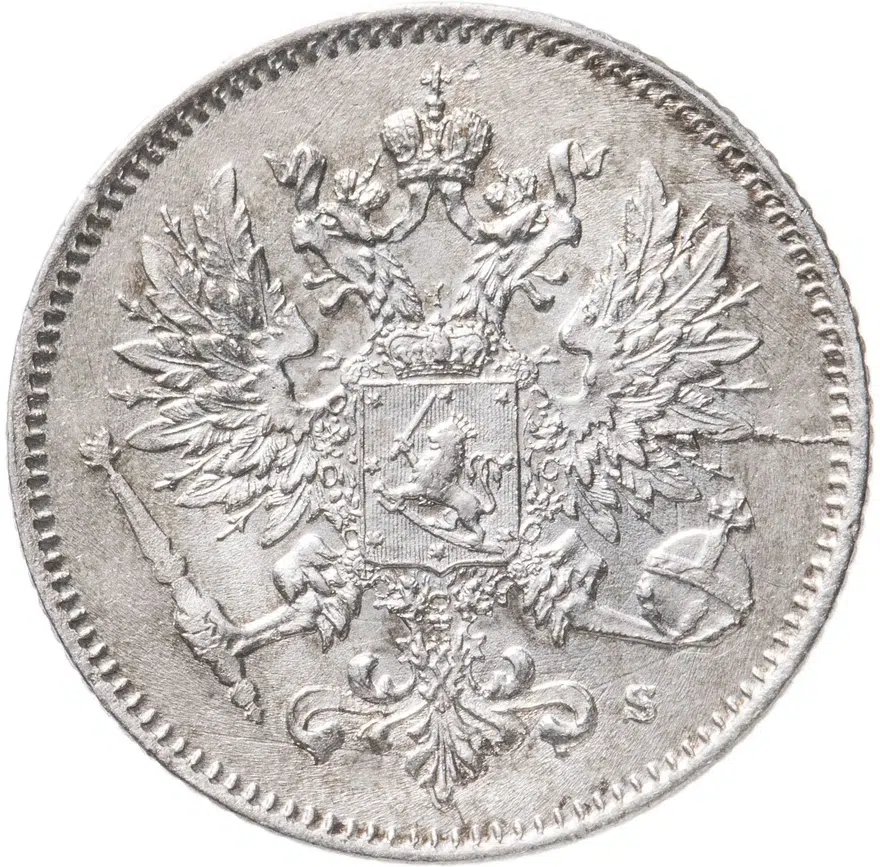 25 пенни (pennia) 1917 S  гербовый орёл с коронами, Российская Финляндия, реверс