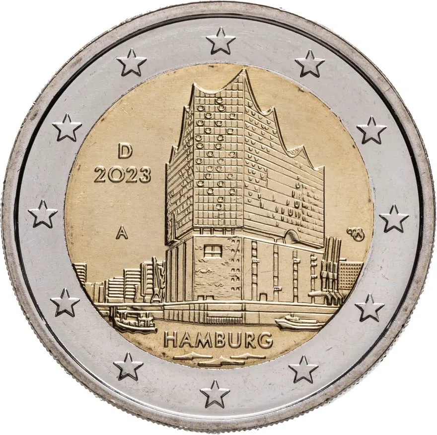 Германия 2 евро (euro) 2023 Гамбург - Эльбская филармония, знак монетного двора "А" - Берлин, аверс