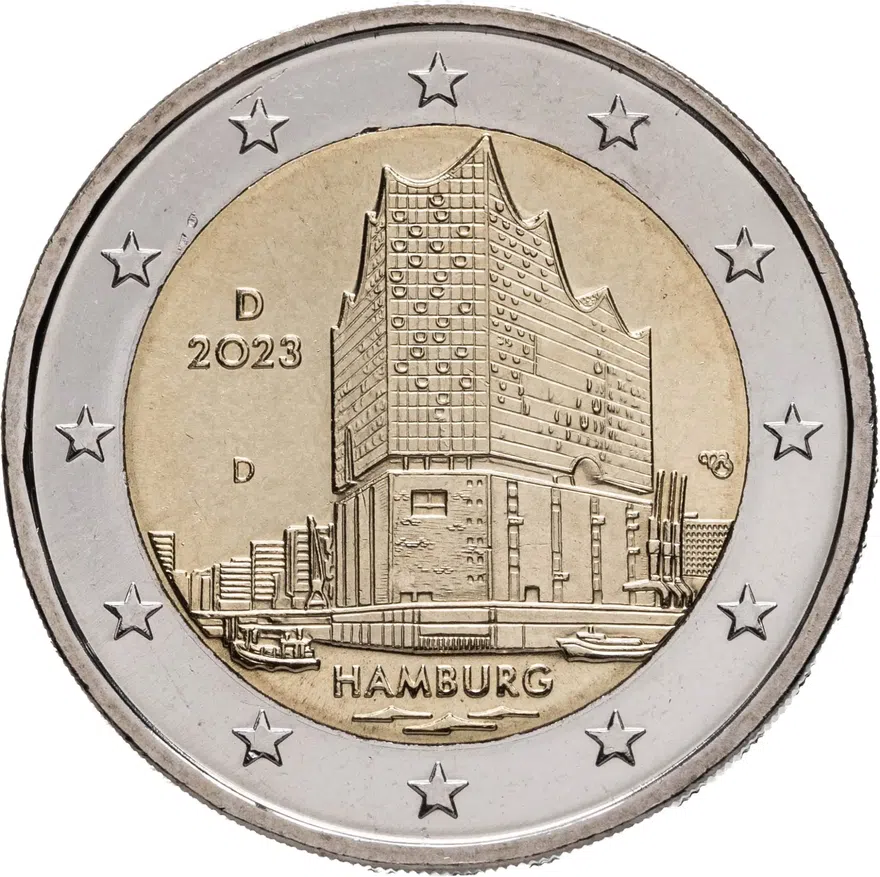 Германия 2 евро (euro) 2023 Гамбург - Эльбская филармония, знак монетного двора "D" - Мюнхен, аверс