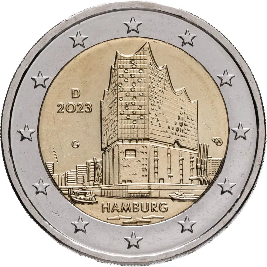 Германия 2 евро (euro) 2023 Гамбург - Эльбская филармония, знак монетного двора "G" - Карлсруэ, аверс