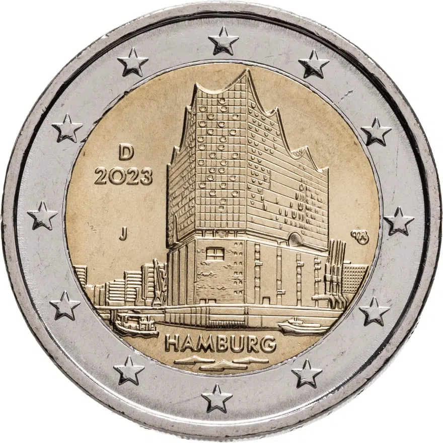 Германия 2 евро (euro) 2023 Гамбург - Эльбская филармония, знак монетного двора "J" - Гамбург, аверс