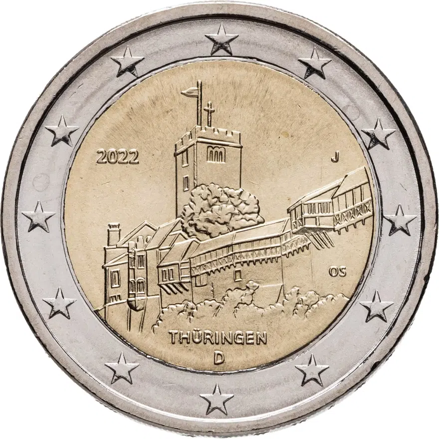 Германия 2 евро (euro) 2022 Федеральная земля Тюрингия - замок Вартбург, знак монетного двора "J", аверс
